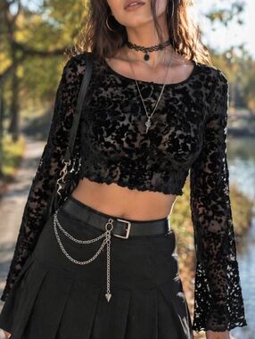 Staring At Stars Black Velvet Burnout Crop Top Sheer Long Sleeve Y2K Whimsigoth